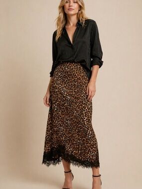 Leopard Print Lace-Hem Midi Skirt - Brown